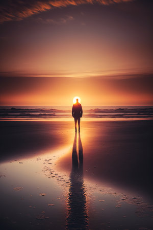 Happiness comes from the simple things. Man's silhouette by the beach at sunset. Generative AI vertical illustrationの素材