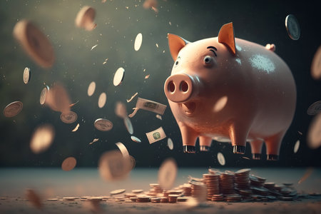 Piggy bank surprised with money and coins all over around. Generative Al illustrationの素材