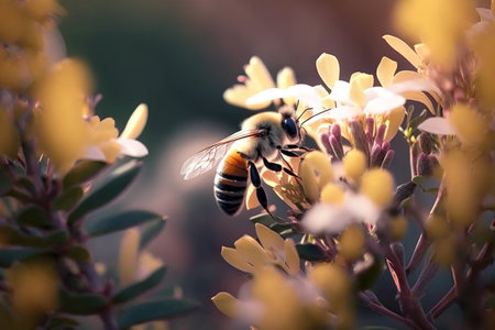 Honeybee working with pollination of flowers. Generative AI illustrationの素材