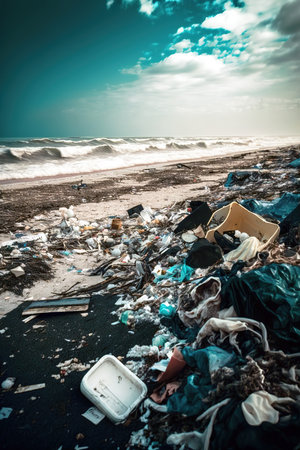 Beach covered with garbage and plastic bags and containers. Environmental conservation concept. Vertical Generative AIの素材