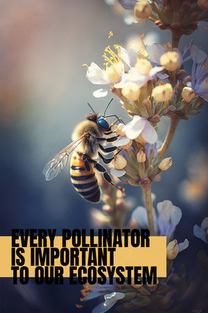 Every pollinator is important to our ecosystem. Illustration of a bee pollinating flowers in a garden. Generative AI vertical illustrationの素材