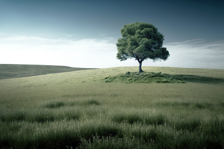 Lonely tree over the hill in a vast meadow. Copy space for text. Generative AI illustrationの素材