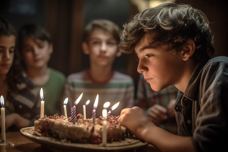 Boy blowing up candles from his birthday cake. focus on foreground. Generative AIの素材