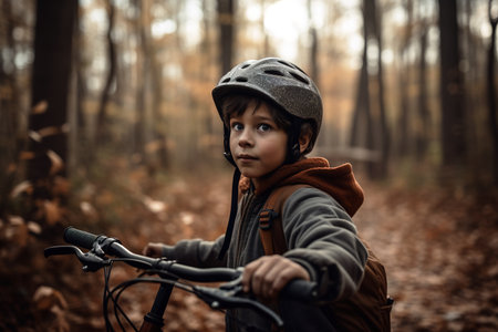 Boy riding his bicycle on a trail into the woods during autumn. Generative AIの素材