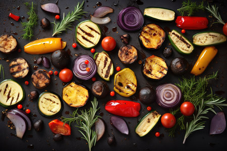 Organic roasted vegetables top view over dark background. Generative AIの素材