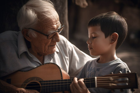 Grandpa teaching her little grandson how to play the guitar. Generative AIの素材