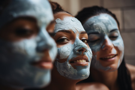 Female friends enjoying relaxing time with facial masks in spa day. Generative AIの素材