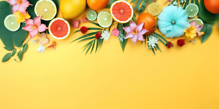 Colorful summer layout with colorful flowers and fruits over yellow background. Generative AIの素材