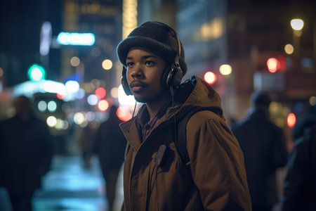 African American young man listening to music with headphones in city street at night. Generative AIの素材