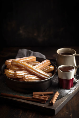 Sweet churros served with hot chocolate over dark background. Generative AI Vertical shotの素材