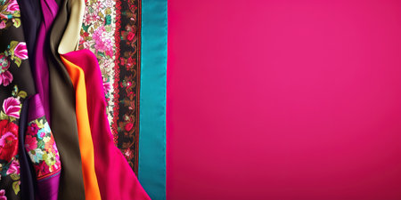 Colorful magenta background with pieces of colorful fabrics. Copy space for text. Generative AIの素材