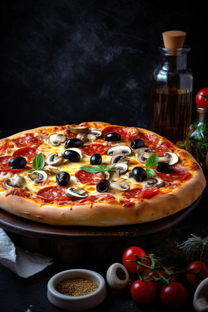 Capricciosa Italian pizza with mushroom, black olives and basil. Close up gourmet food photography. Generative AI Vertical shotの素材