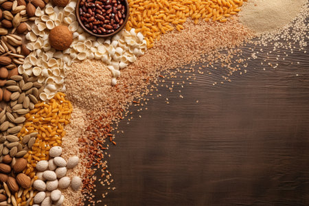 Cereals, grains and beans over wooden background with copy space for text. Generative AIの素材