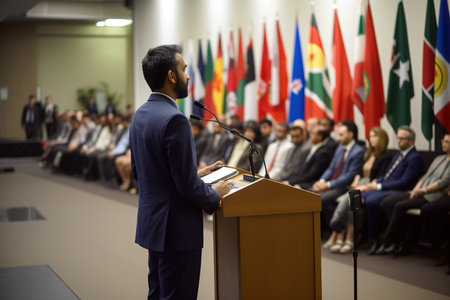 Politician on his speech standing in front of people during world wide conference. Generative AIの素材