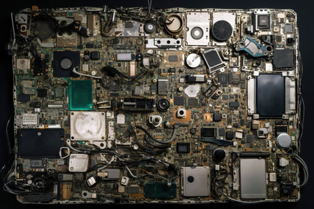 Table top view of computer artifacts from mother board. Textured background. Generative AIの素材