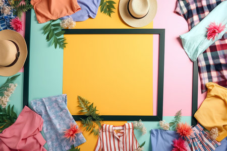 Colorful frame background with pieces of colorful summer clothes and fabrics and copy space in the middle. Generative AIの素材