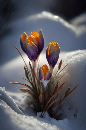 Wild colorful tulips growing from the snow. Close up shot. Generative AI Vertical shotの素材