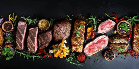 Roasted beef table top view over black background. Generative AIの素材