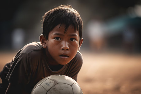 Portrait of Asian young boy playing soccer. Generative AIの素材