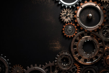 Dark background banner with mechanical metal gear. Copy space for text. Generative AIの素材