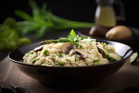 Gourmet food photography of vegetarian risotto with mushrooms and veggies. Close up shot. Generative AIの素材