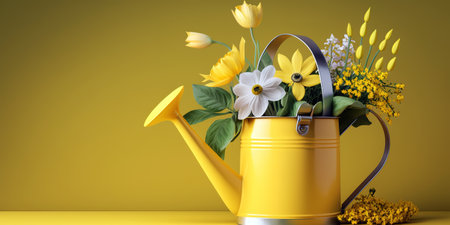 Yellow watering can over yellow background and flowers. Copyspace. Generative AIの素材
