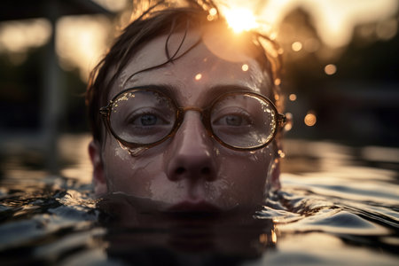 Close up front view of boy wearing eyeglasses swimming in the pool. Generative AIの素材