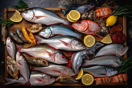 Fresh raw fish table top view. Generative AIの素材