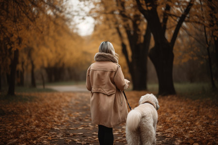 Back view of woman walking her dog in the park in Autumn. Generative AIの素材