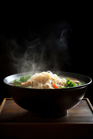 Gourmet food photography of Asian noodle soup over black background. Generative AI Vertical illustrationの素材