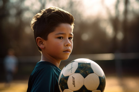 Little Hispanic boy playing football outdoors. Close up head shot. Generative AIの素材