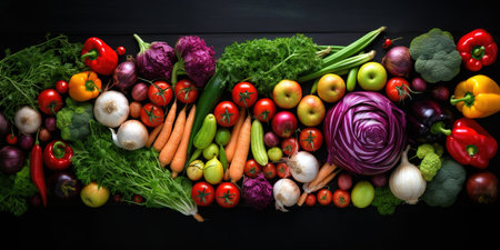 Organic vegetables and fruits table top view over dark background. Generative AIの素材