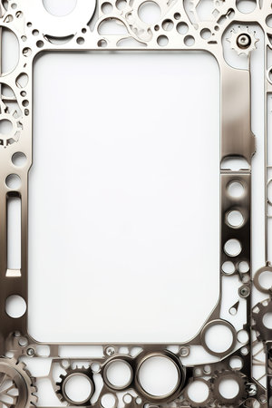 Metal machine pieces over white background with copy space. Generative AI Vertical shotの素材