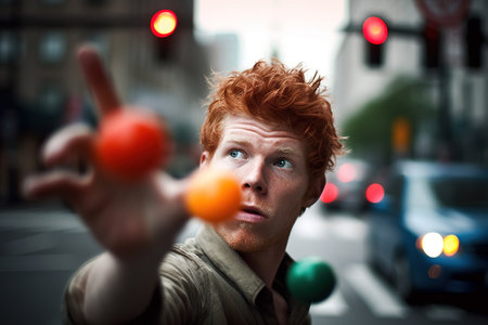 Red hair juggling with balls at traffic light. Street artist concept. Generative AIの素材