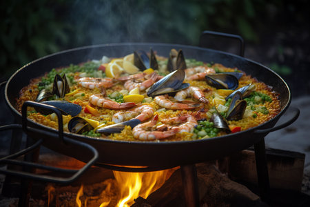 Traditional Spanish Paella over wooden fire in outdoors. Generative AIの素材