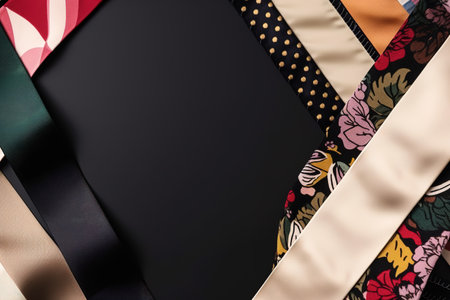 Pieces of fashionable fabric over black background with copy space. Generative AIの素材