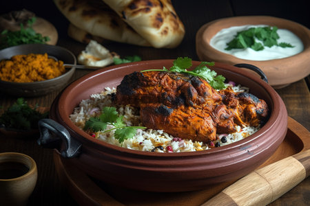 Indian tandoori dish with spicy marinated chicken served over white rice. Generative AIの素材