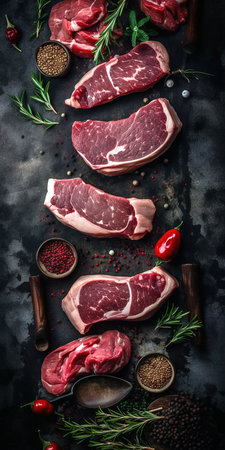 Table top view of fresh raw meat beefs over dark marble background. Generative AI Vertical shotの素材