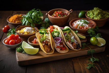 Mexican gourmet tacos on wooden table. Close up high angle shot. Generative AIの素材