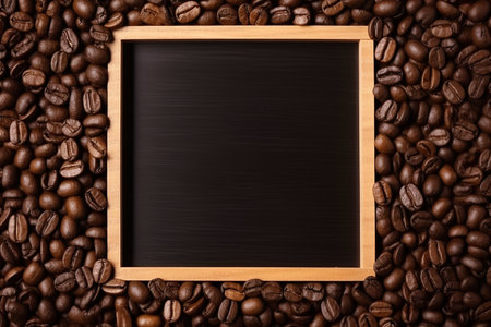 Wooden frame with coffee beans over dark background with copy space in the middle. Generative AIの素材