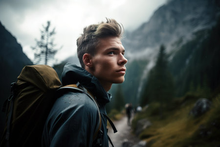 Head shot of young man hiking in the mountain. Generative AIの素材