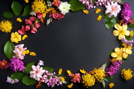 Colorful petals and flowers over black background with copy space in the middle. Generative AIの素材