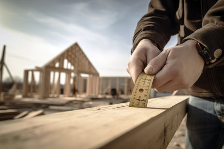 Carpenter measuring piece of wood in construction site in outdoors. Generative AIの素材