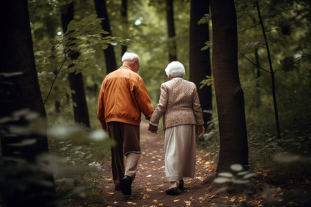 Elderly couple holding hands while walking in the park. Generative AIの素材