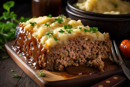 Traditional British meatloaf. Close up shop. Gourmet food photography. Generative AIの素材