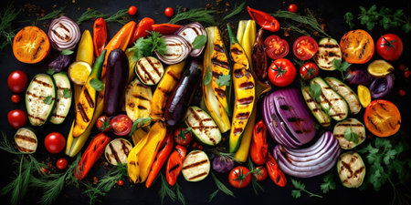 Variety of colorful roasted vegetables. Generative AIの素材