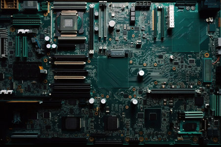 Top view of computer board from mother board inside. Textured background. Generative AIの素材