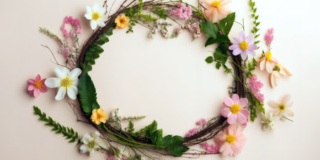 Flowers wreath layout over pink pastel background with copy space. Generative AIの素材