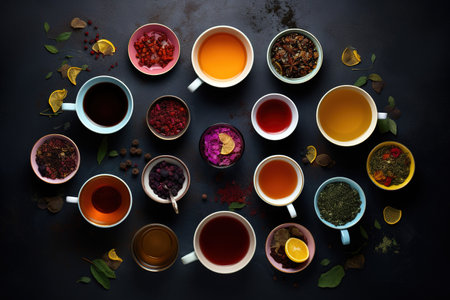 Herbal and spices teas top view layout over dark background. Generative AIの素材