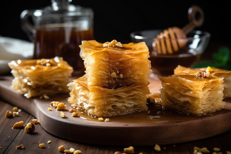 Greek Baklava close up shot. Traditional desserts of the world concept. Generative AIの素材
